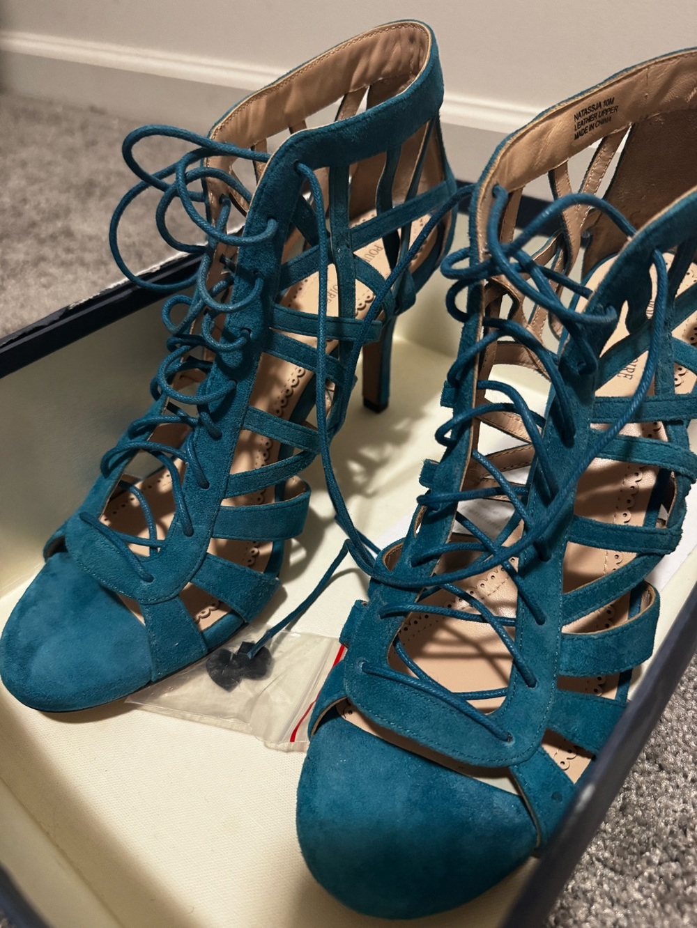 Pour La Victoire Teal Suede Lace-Up High Heel Sandals